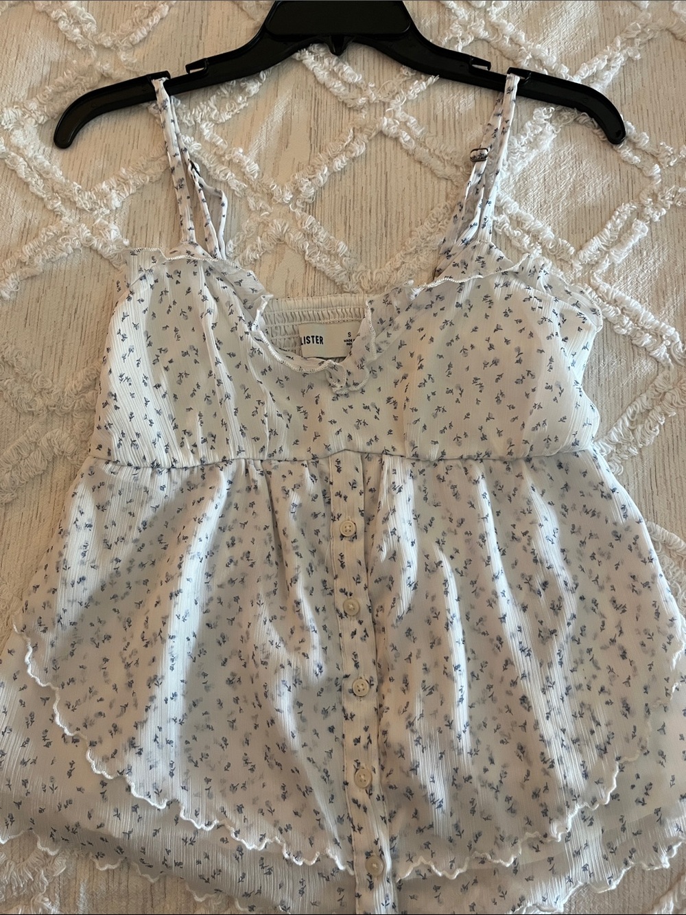 Hollister White Spaghetti Strap Button-Front Tank with Blue Floral Print